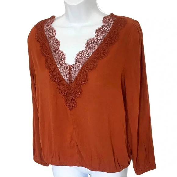 Express Burnt Orange Long Sleeve Blouse, Size Small, Lace-Like V-Neckline - Picture 9 of 10